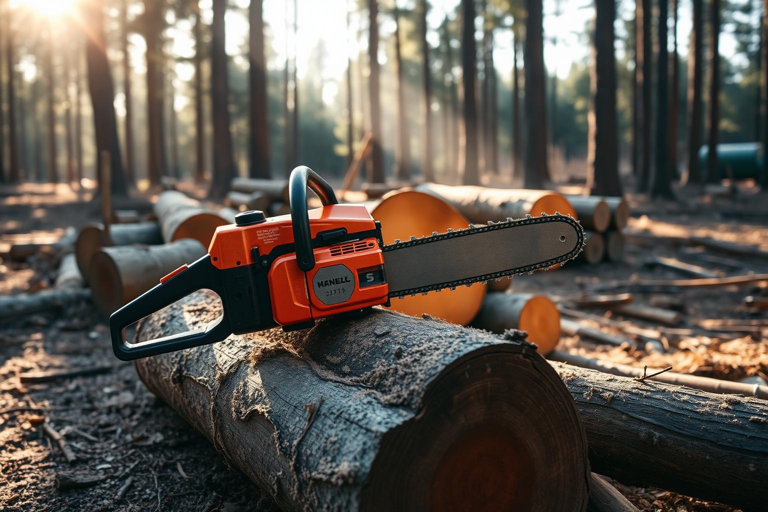 Professional chainsaw resting on freshly cut timber logs in a forest clearing